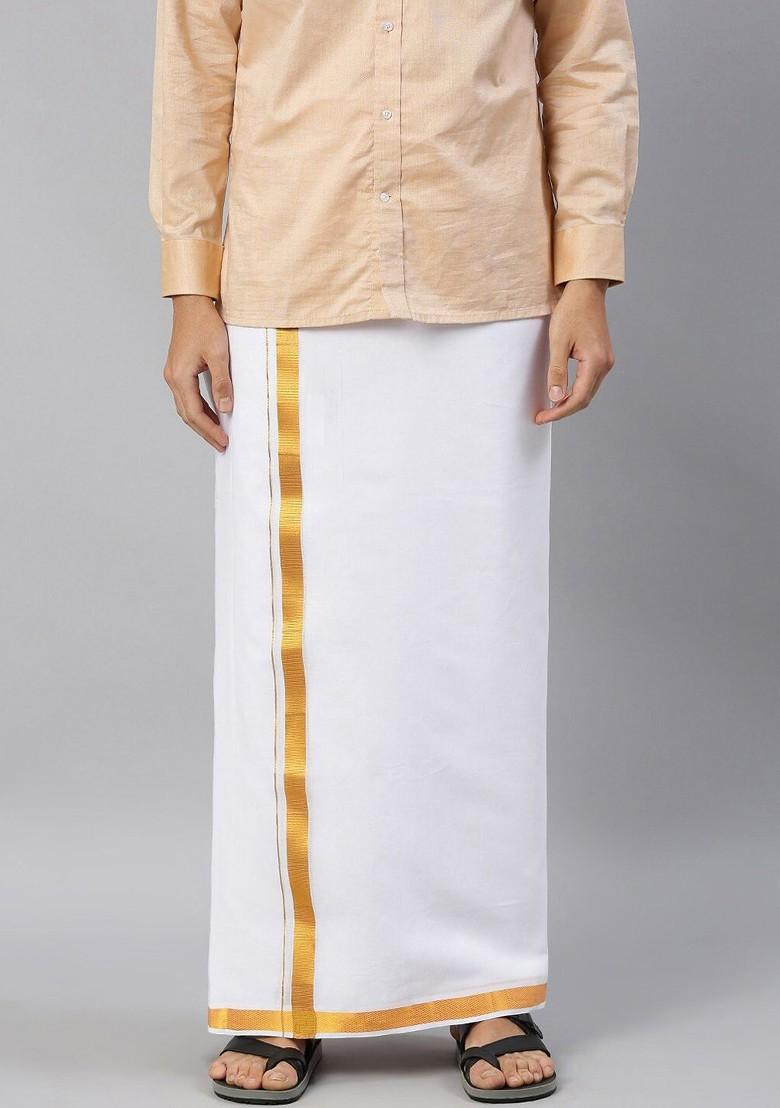 White Cotton Solid Gold Jari Border Double Layer Dhoti For Men - Indya