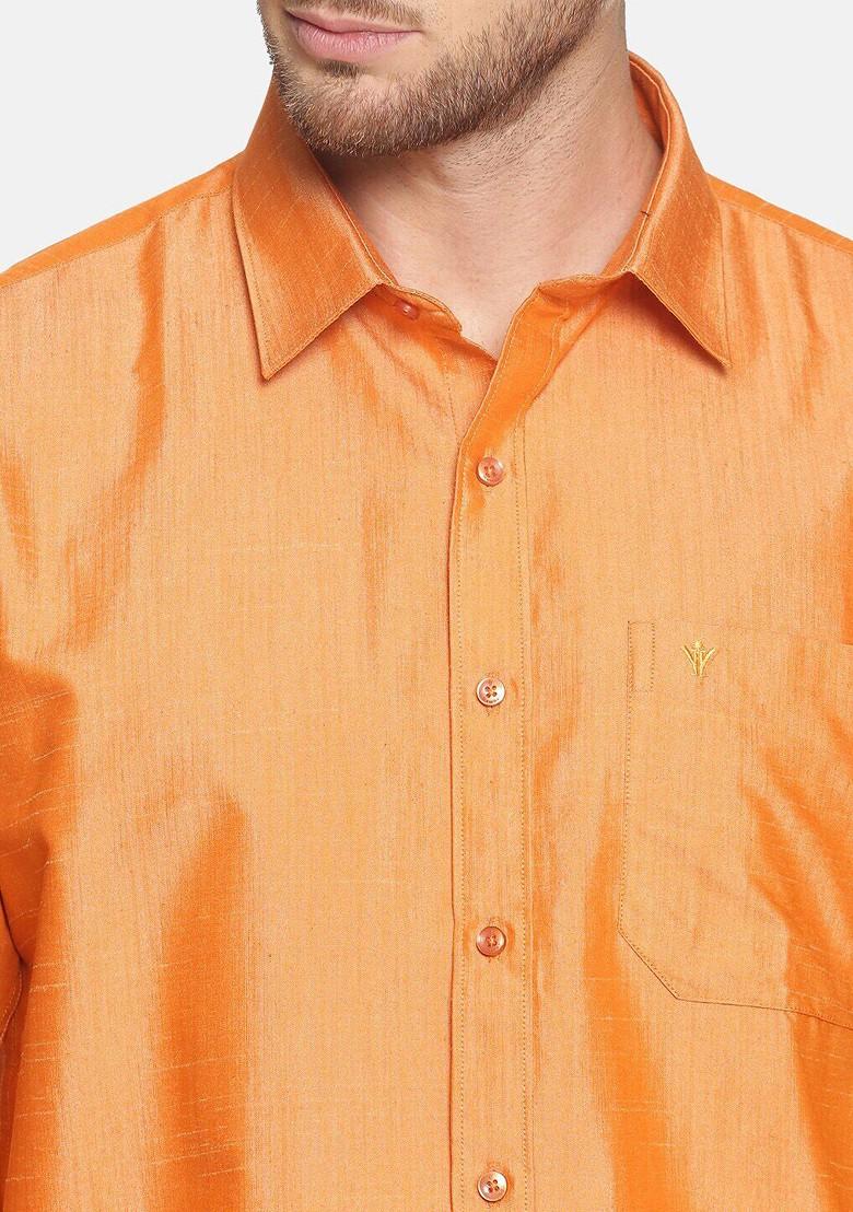 Orange Cotton Blend Long Sleeve Shirt With Dhoti For Men