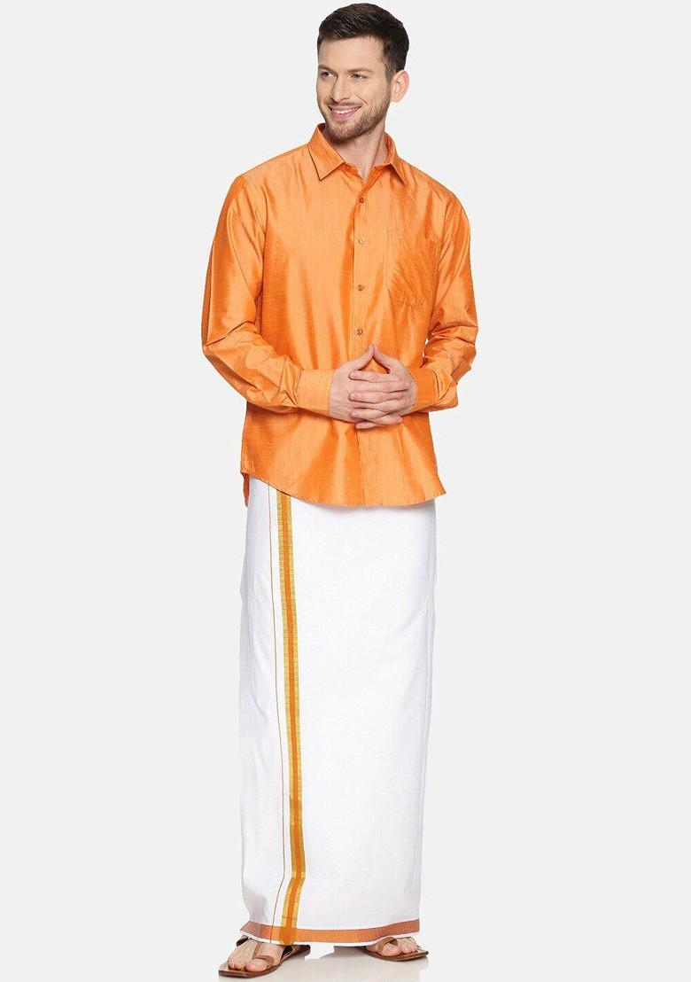 Orange Cotton Blend Long Sleeve Shirt With Dhoti For Men