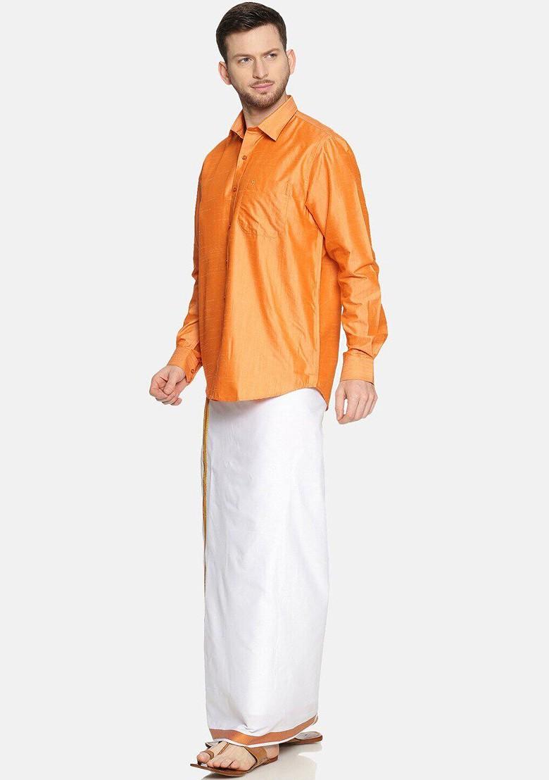 Orange Cotton Blend Long Sleeve Shirt With Dhoti For Men