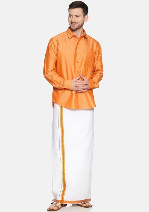Orange Cotton Blend Long Sleeve Shirt With Dhoti For Men