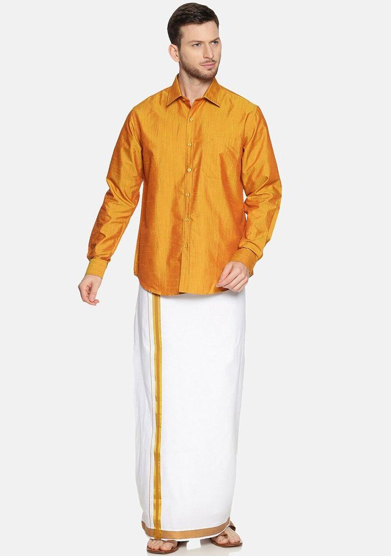 Gold Pure Cotton Yellow Full Sleeve Shirt And Dhoti Set For Men