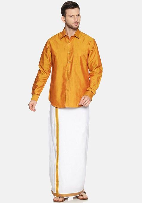 Gold Pure Cotton Yellow Full Sleeve Shirt And Dhoti Set For Men