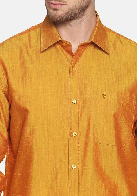 Gold Pure Cotton Yellow Full Sleeve Shirt And Dhoti Set For Men