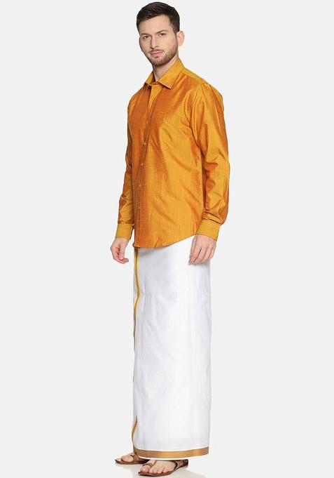 Gold Pure Cotton Yellow Full Sleeve Shirt And Dhoti Set For Men