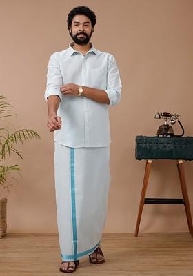 White Cotton Blend Dhoti Andfull Sleeves Shirt Set For Men