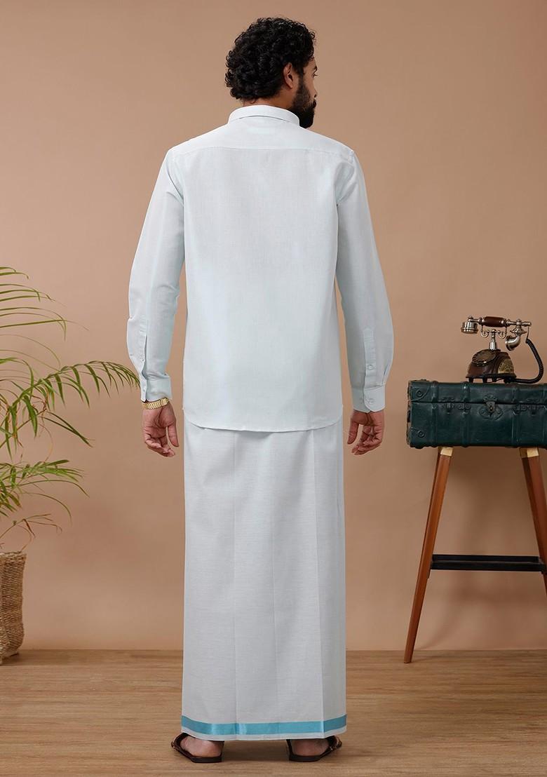 White Cotton Blend Dhoti Andfull Sleeves Shirt Set For Men - Indya
