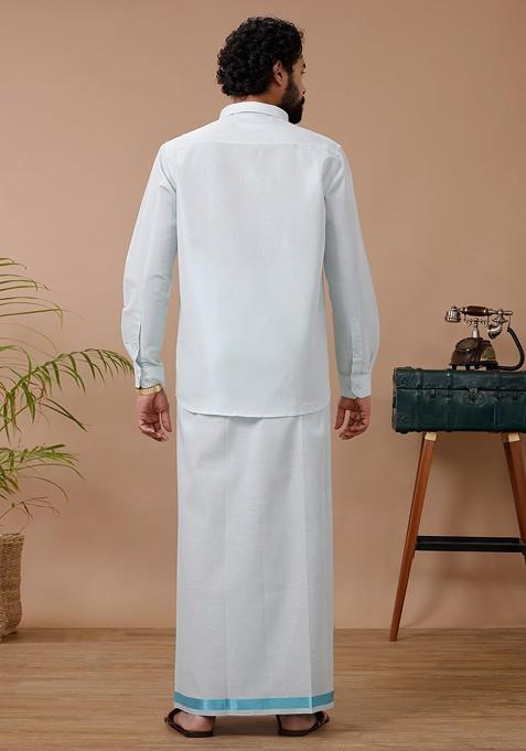 White Cotton Blend Dhoti Andfull Sleeves Shirt Set For Men