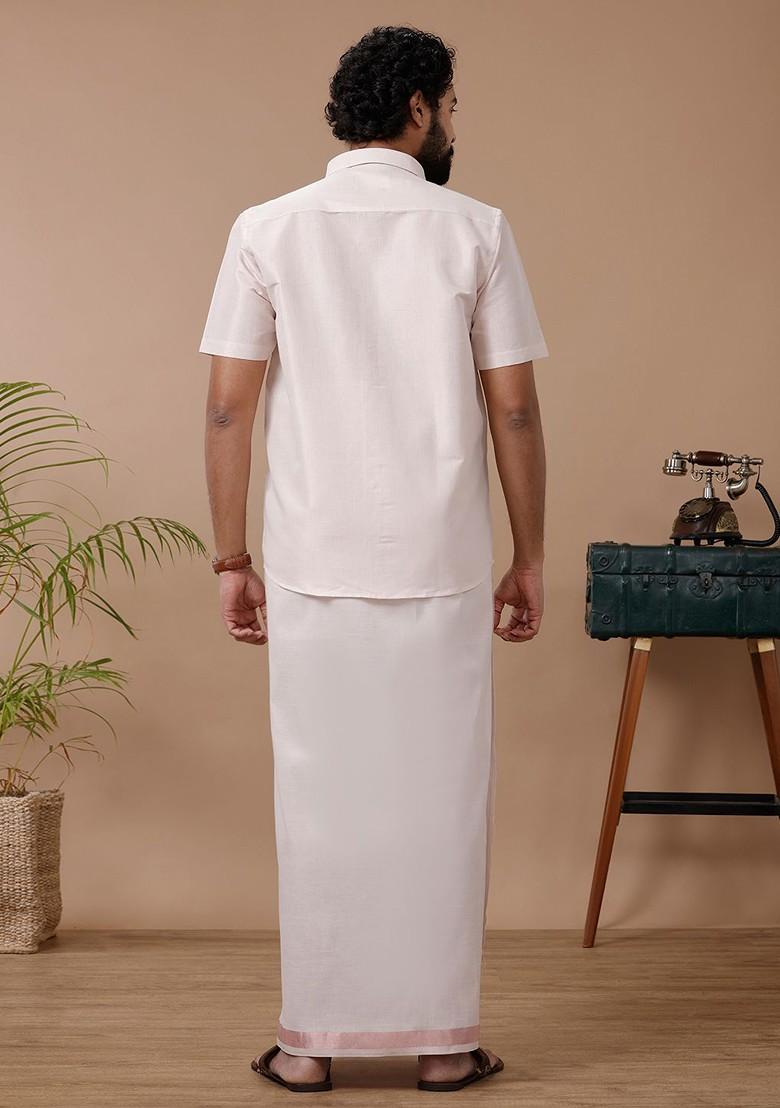 Pink Cotton Blend Dhoti And Half Sleeves Shirt Set For Men
