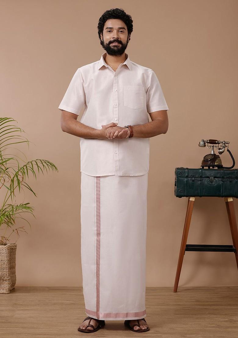Pink Cotton Blend Dhoti And Half Sleeves Shirt Set For Men