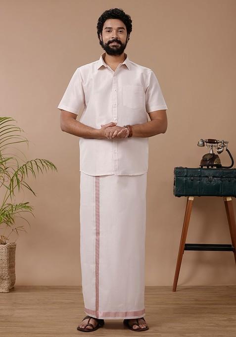 Pink Cotton Blend Dhoti And Half Sleeves Shirt Set For Men