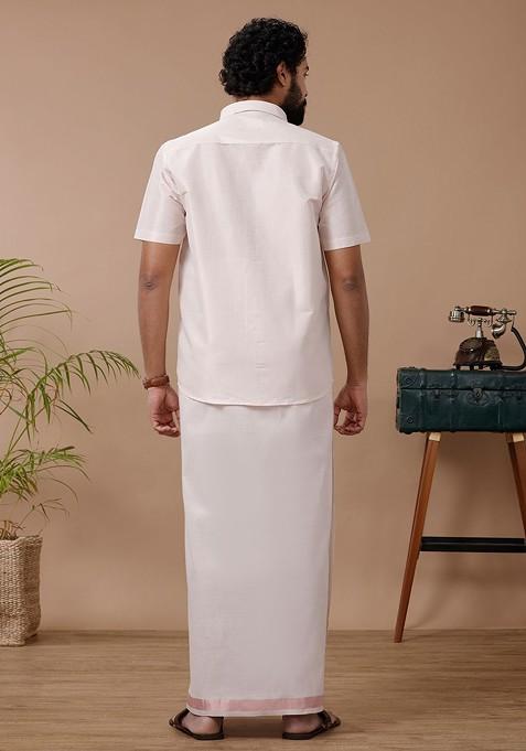 Pink Cotton Blend Dhoti And Half Sleeves Shirt Set For Men