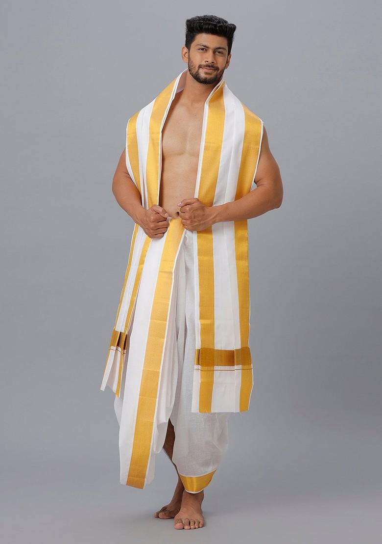 White Cotton Panchakacham Dhoti With Angavastram For Men