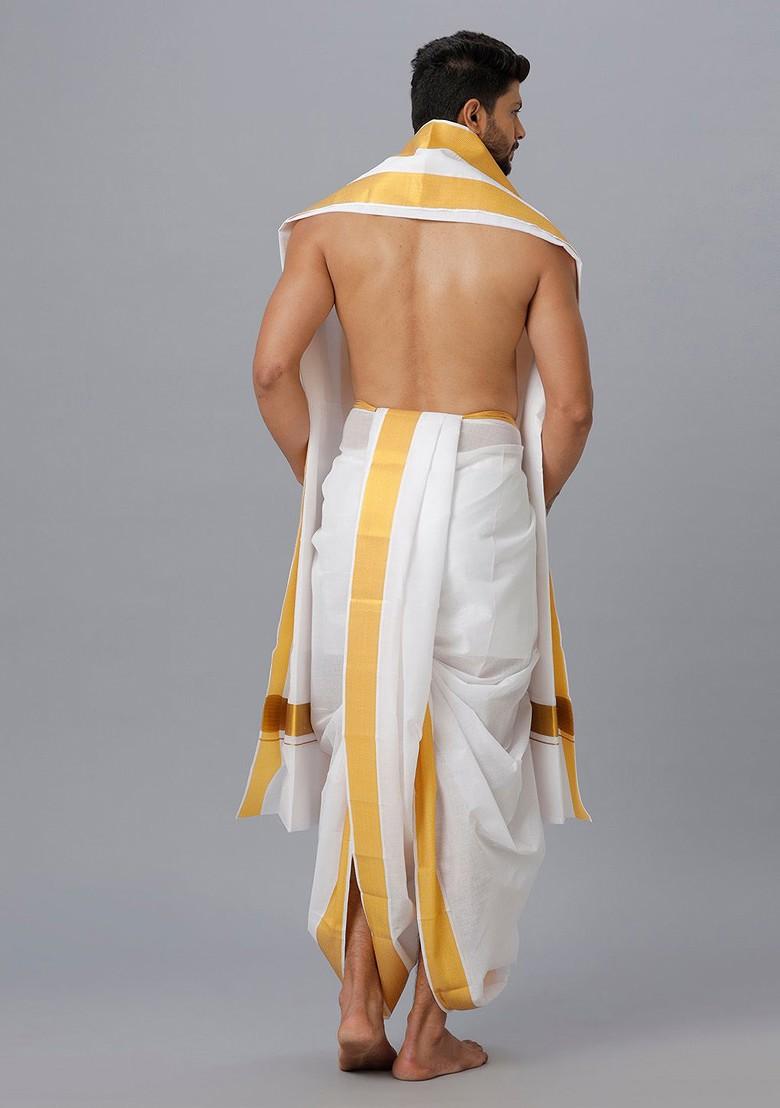 White Cotton Panchakacham Dhoti With Angavastram For Men