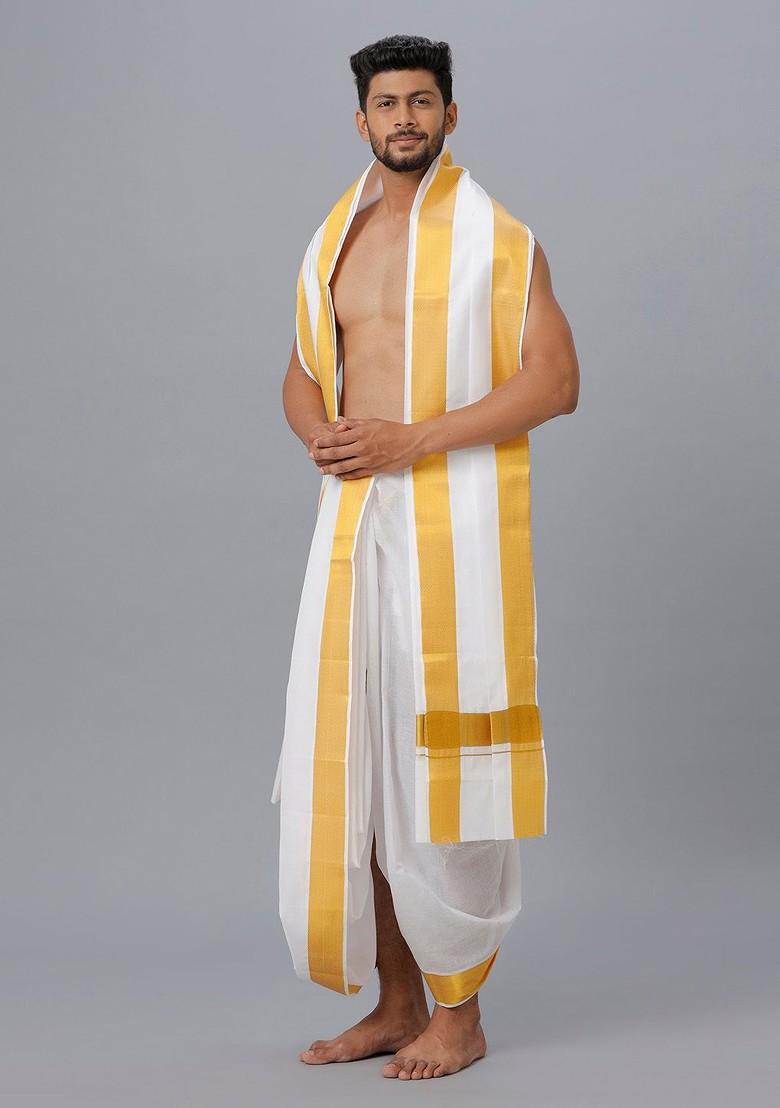 White Cotton Panchakacham Dhoti With Angavastram For Men
