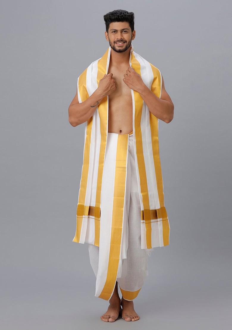 White Cotton Panchakacham Dhoti With Angavastram For Men