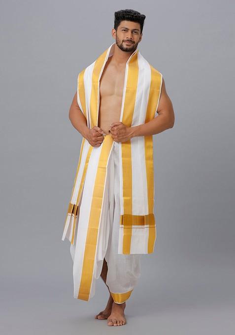 White Cotton Panchakacham Dhoti With Angavastram For Men