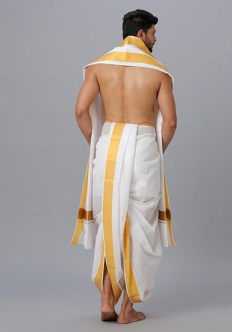 White Cotton Panchakacham Dhoti With Angavastram For Men