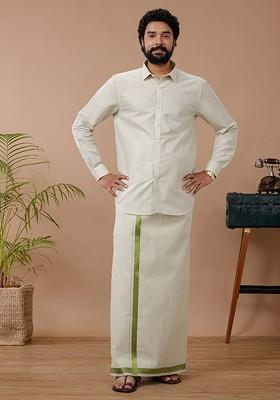 Green Cotton Blend Dhoti And Full Sleeves Shirt Set For Men