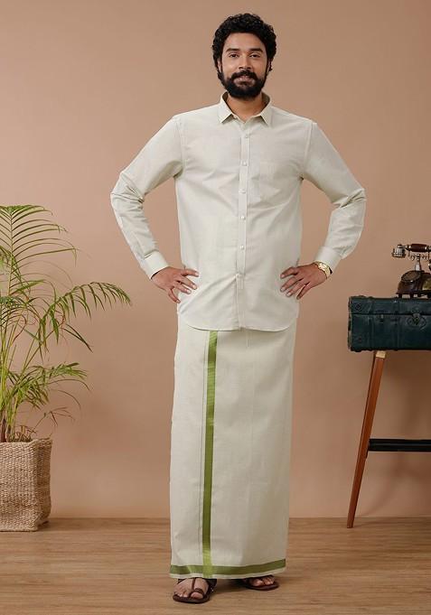 Green Cotton Blend Dhoti And Full Sleeves Shirt Set For Men