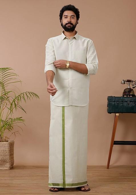 Green Cotton Blend Dhoti And Full Sleeves Shirt Set For Men