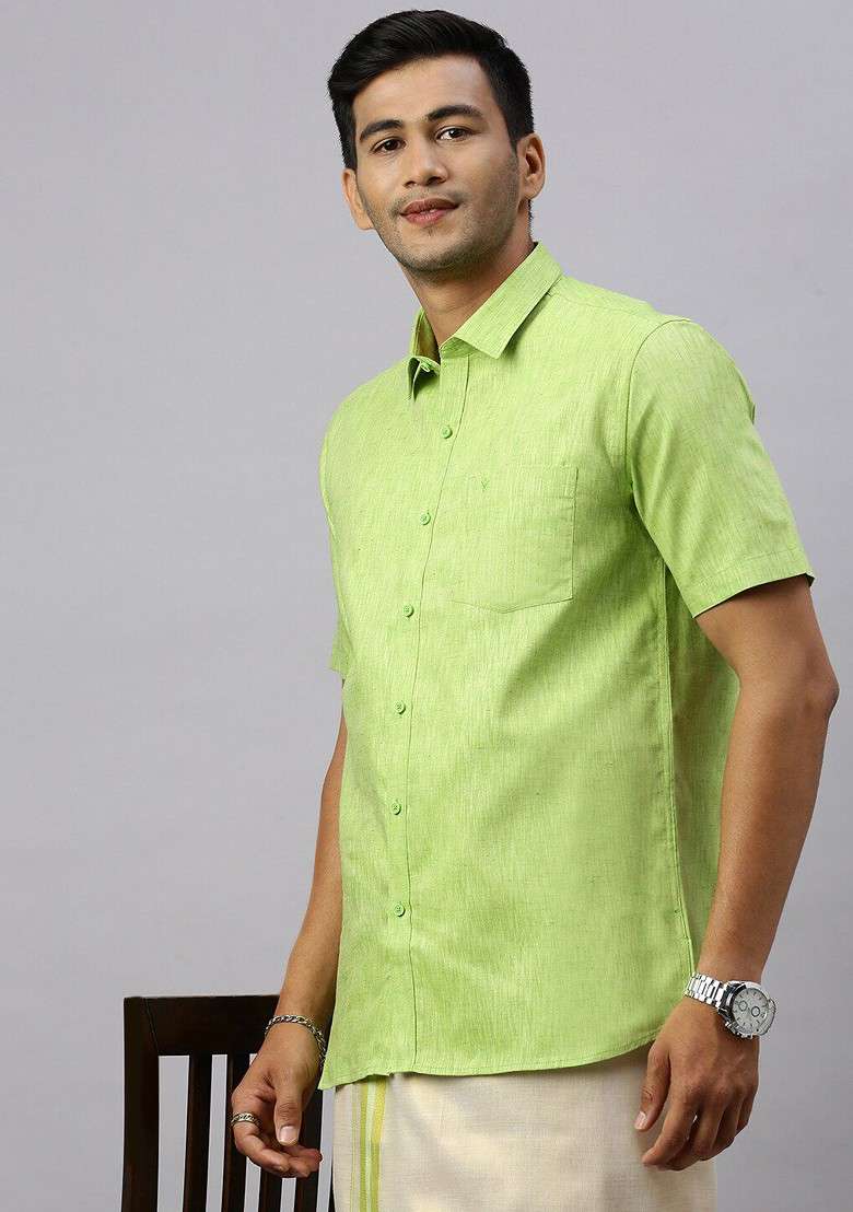 Green Shirt And Matching Border Tissue Dhoti Set For Men - Indya