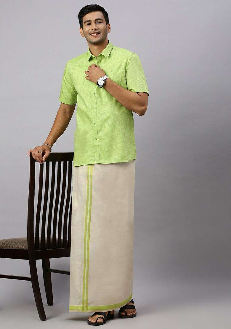 Green Shirt And Matching Border Tissue Dhoti Set For Men - Indya