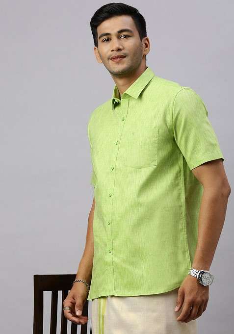 Green Shirt And Matching Border Tissue Dhoti Set For Men