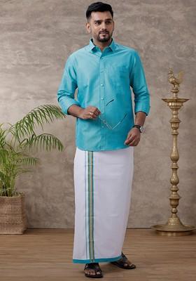 Blue Solid Traditional Cotton Shirt And Matching Fancy Border Dhoti For Men