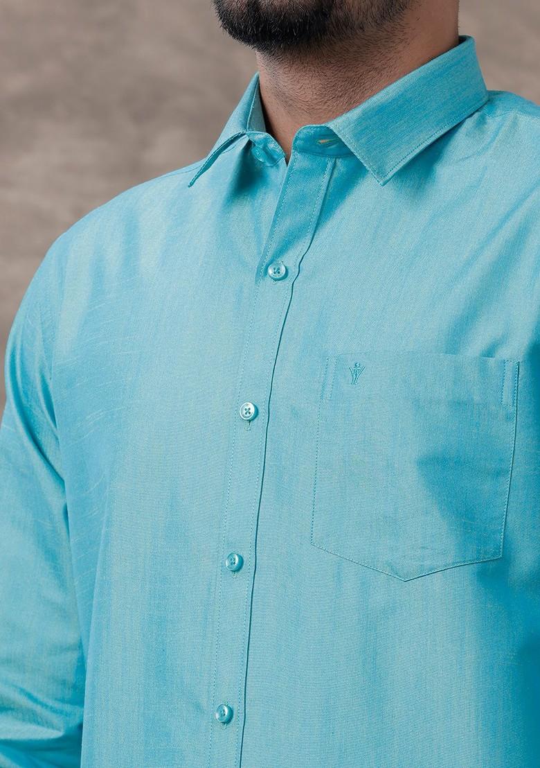 Blue Solid Traditional Cotton Shirt And Matching Fancy Border Dhoti For Men - Indya