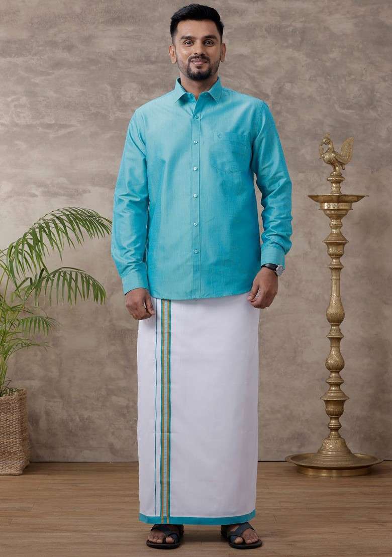 Blue Solid Traditional Cotton Shirt And Matching Fancy Border Dhoti For Men - Indya