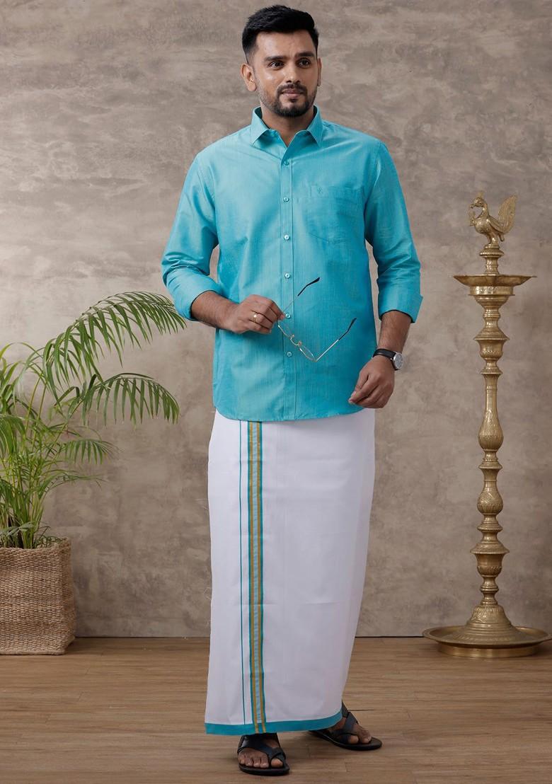 Blue Solid Traditional Cotton Shirt And Matching Fancy Border Dhoti For Men - Indya