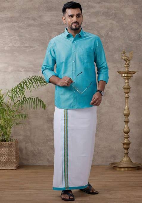 Blue Solid Traditional Cotton Shirt And Matching Fancy Border Dhoti For Men