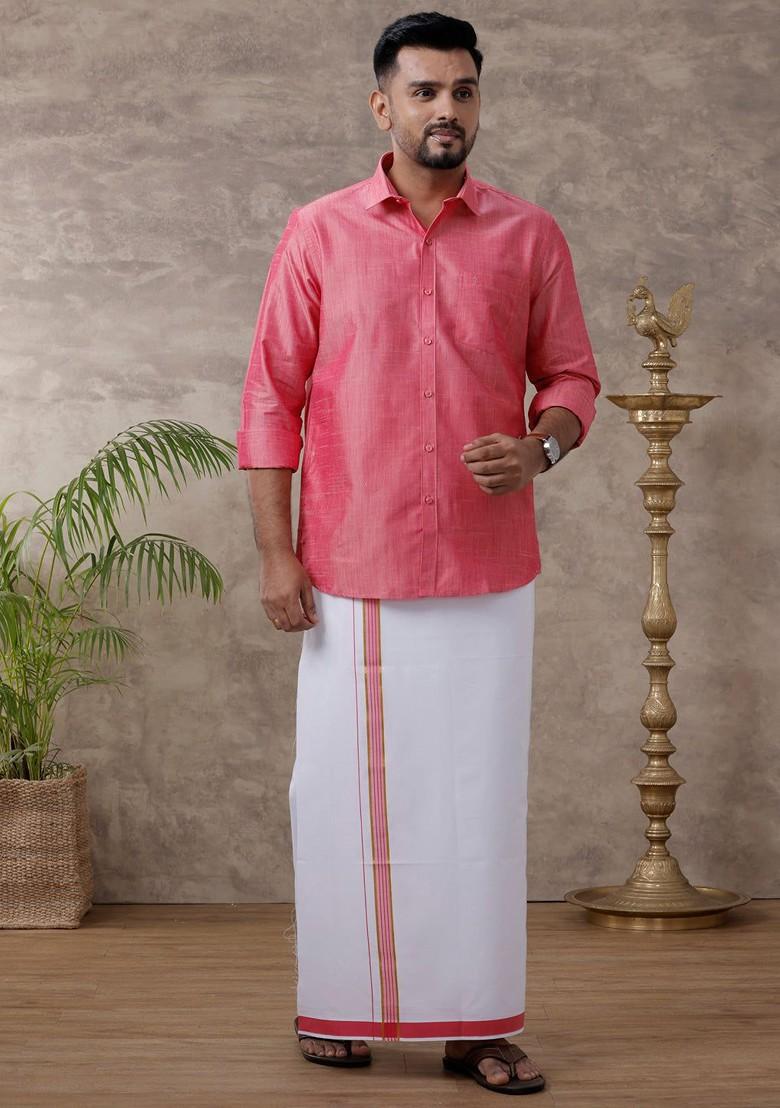 Pink Solid Traditional Cotton Shirt And Matching Fancy Border Dhoti For Men - Indya