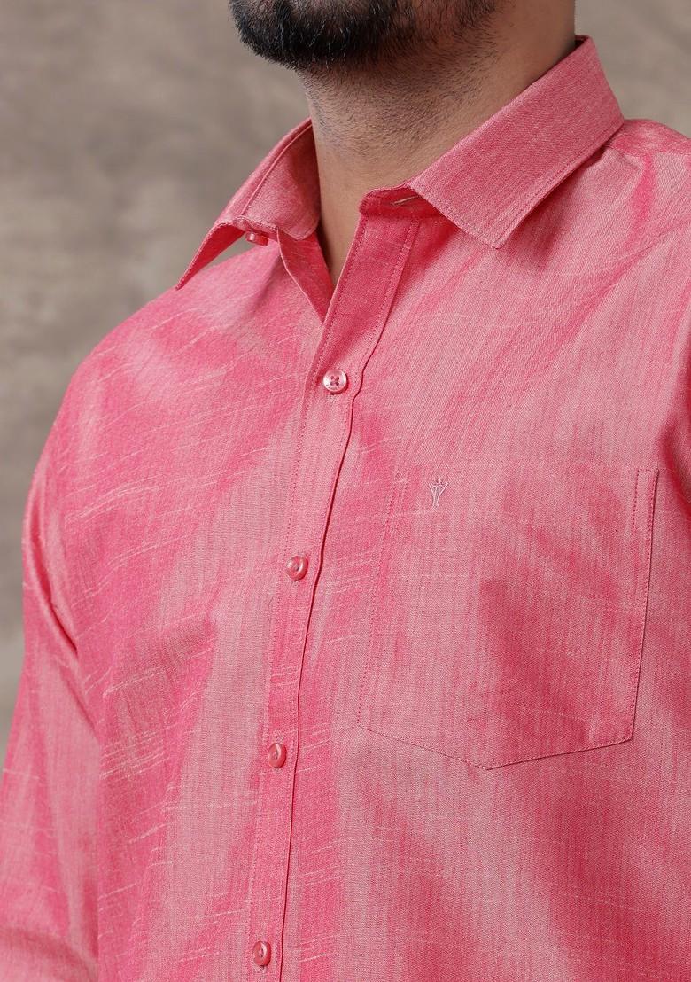 Pink Solid Traditional Cotton Shirt And Matching Fancy Border Dhoti For Men