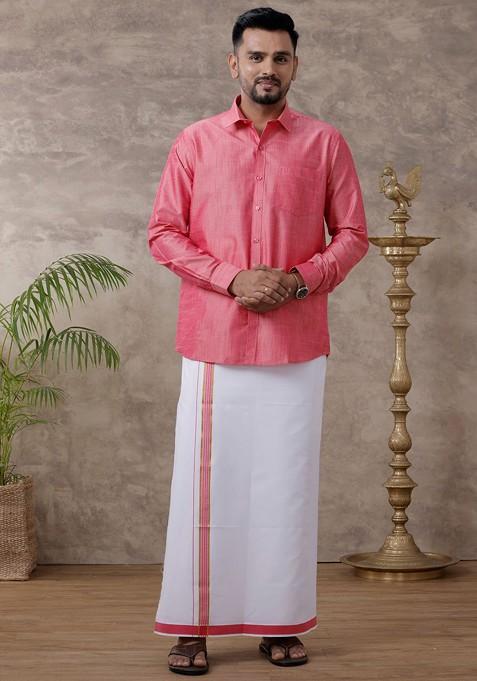 Pink Solid Traditional Cotton Shirt And Matching Fancy Border Dhoti For Men