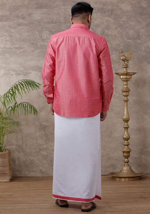 Pink Solid Traditional Cotton Shirt And Matching Fancy Border Dhoti For Men