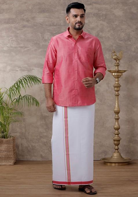 Pink Solid Traditional Cotton Shirt And Matching Fancy Border Dhoti For Men