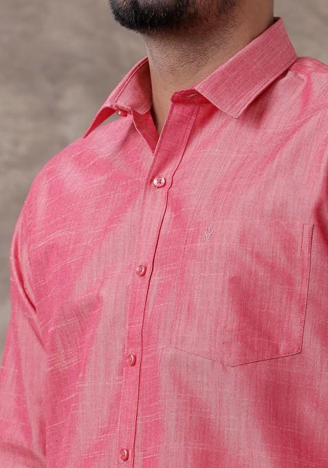 Pink Solid Traditional Cotton Shirt And Matching Fancy Border Dhoti For Men