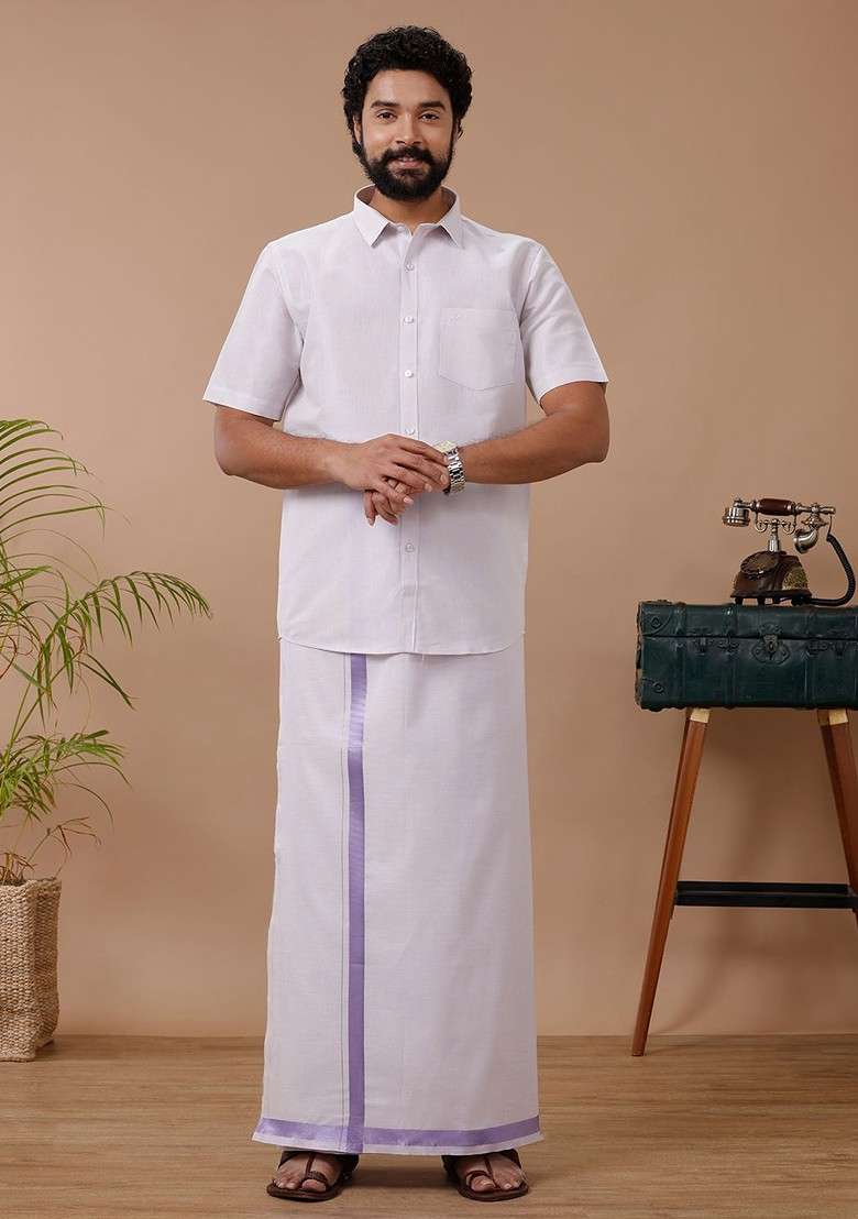 Lavender Cotton Blend Dhoti And Half Sleeves Shirt Set For Men - Indya