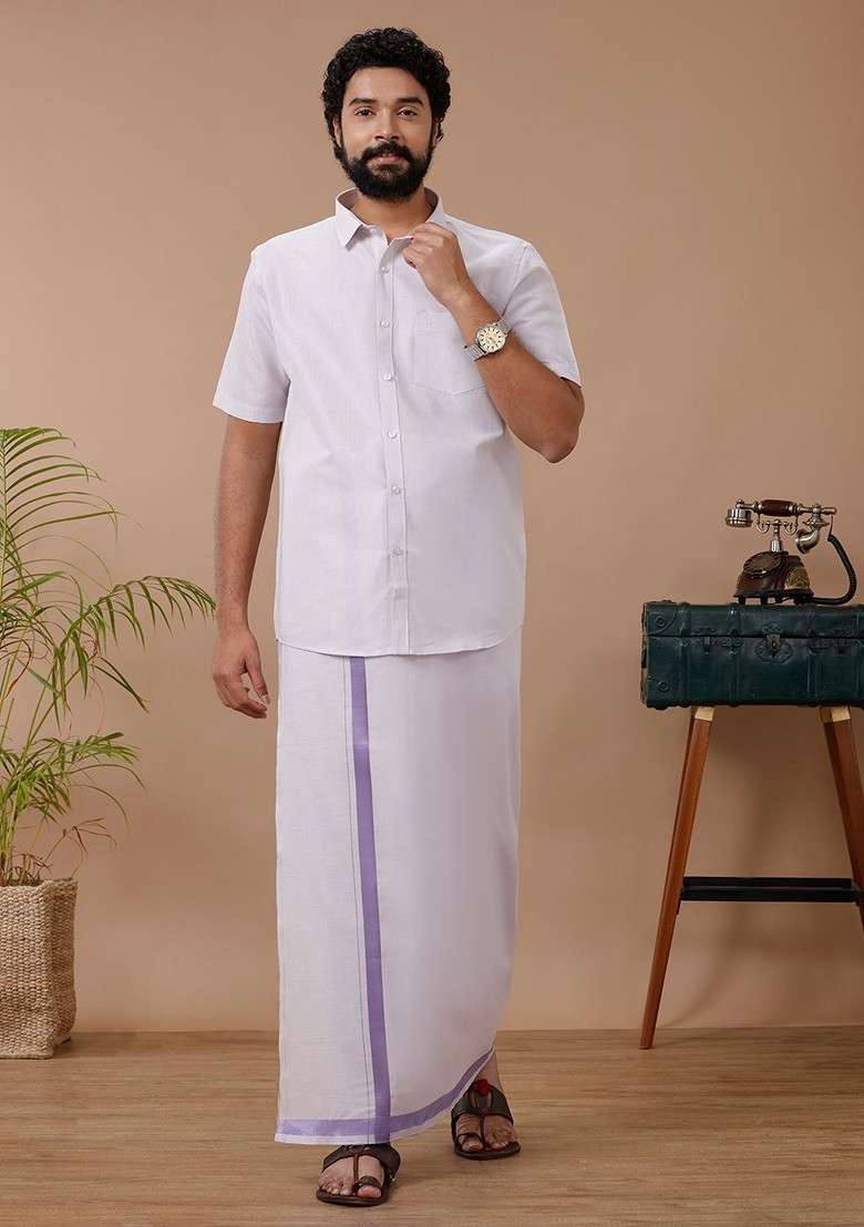 Lavender Cotton Blend Dhoti And Half Sleeves Shirt Set For Men - Indya