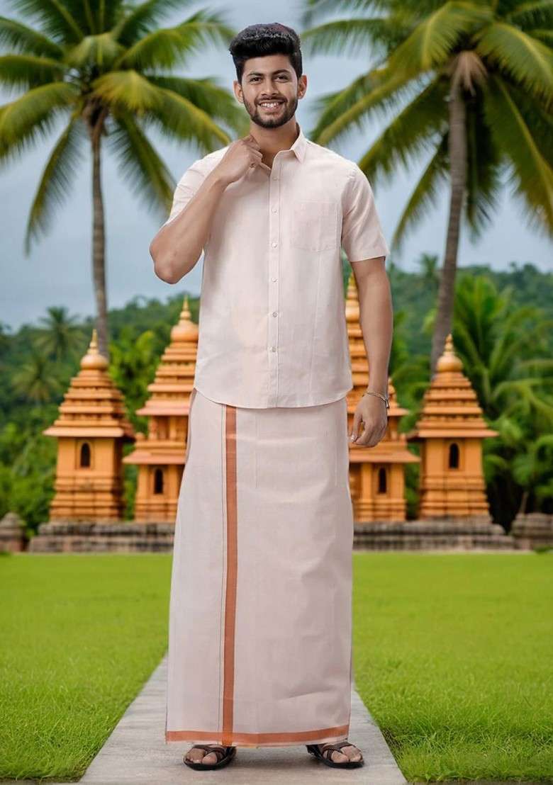 Off White Tissue Shirt And Dhoti Set For Men - Indya
