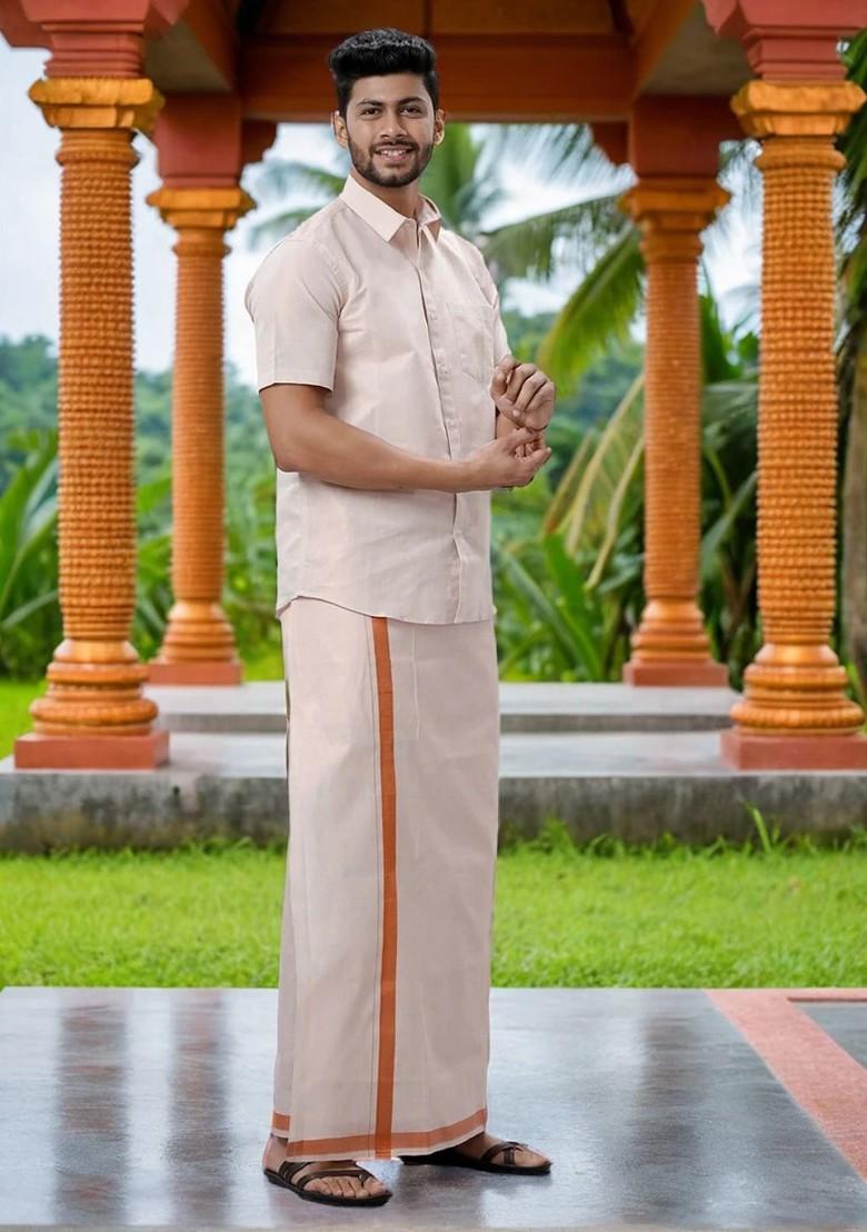 Off White Tissue Shirt And Dhoti Set For Men - Indya