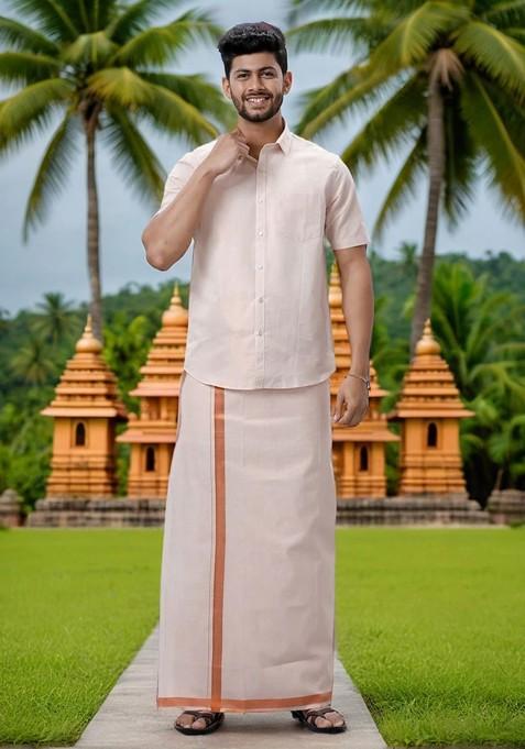 Off White Tissue Shirt And Dhoti Set For Men