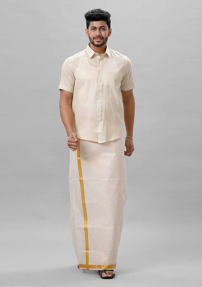 Cream Tissue Shirt And Dhoti Set For Men - Indya
