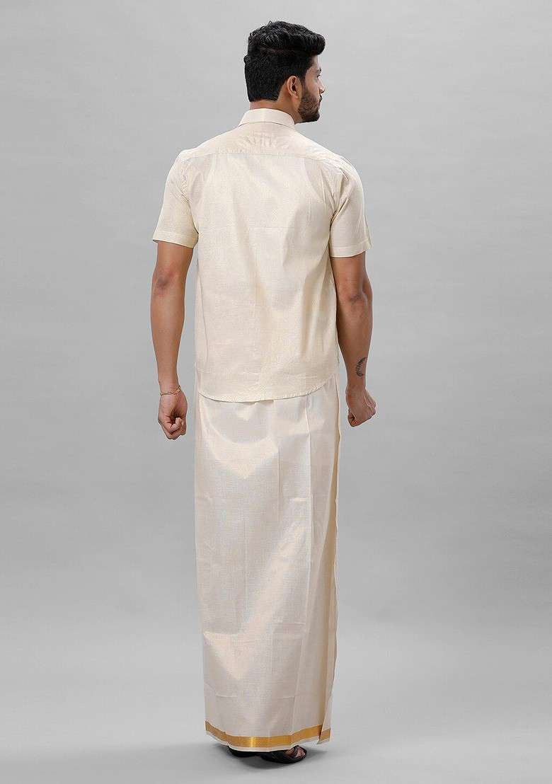 Cream Tissue Shirt And Dhoti Set For Men - Indya