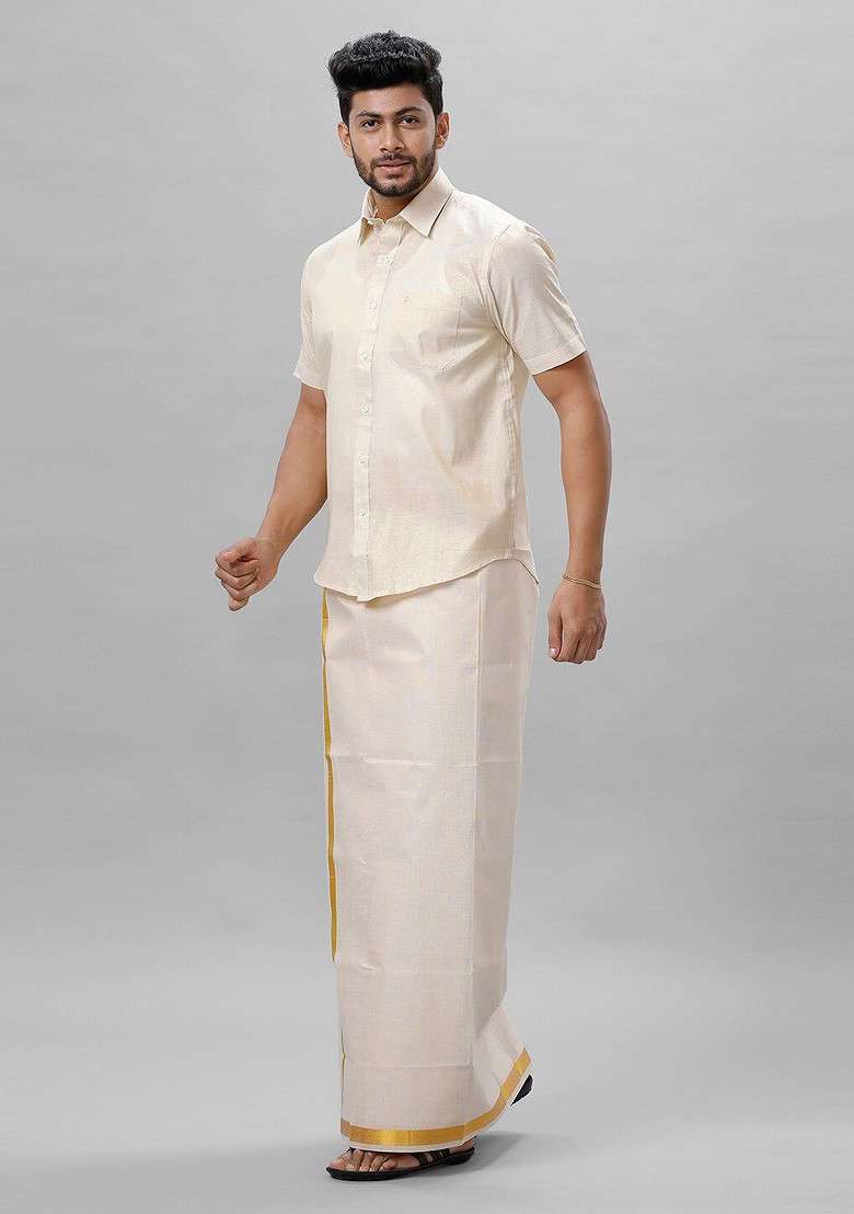 Cream Tissue Shirt And Dhoti Set For Men - Indya