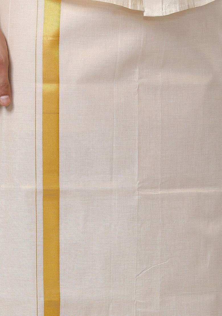 Cream Tissue Shirt And Dhoti Set For Men - Indya
