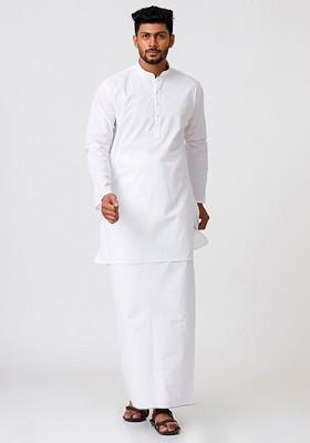 White Cotton White Full Sleeves Medium Length Kurta With Dhoti Set For Men