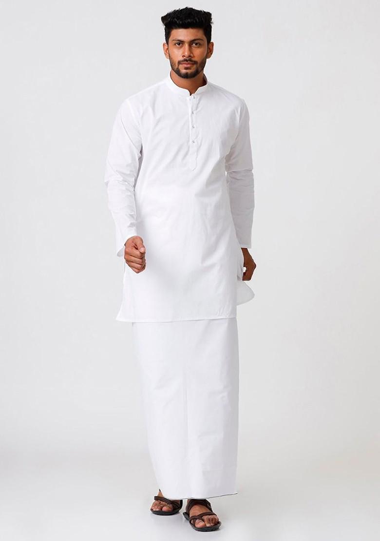White Cotton White Full Sleeves Medium Length Kurta With Dhoti Set For Men